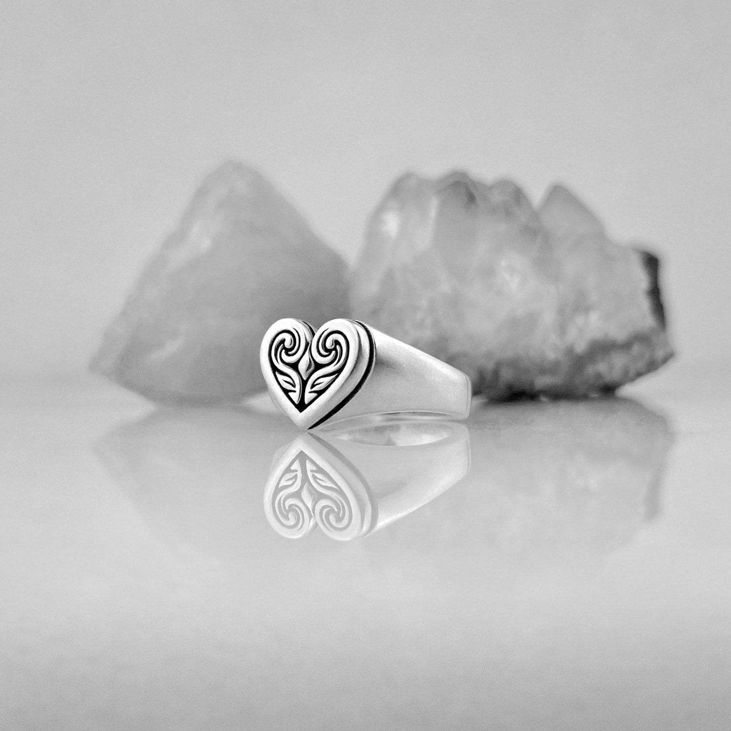Filigree heart silver signet ring