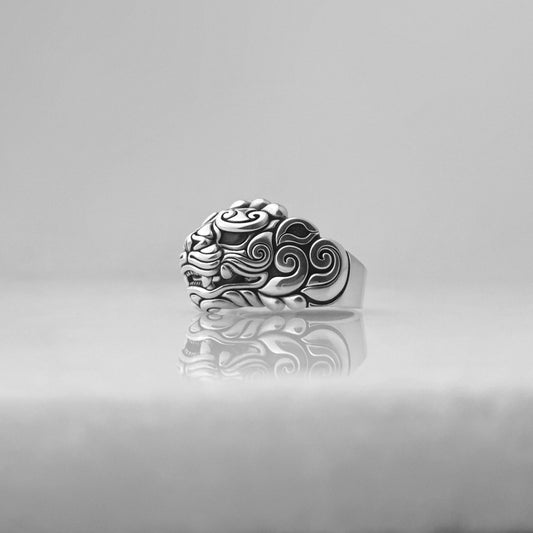 Bespoke silver oni dragon ring