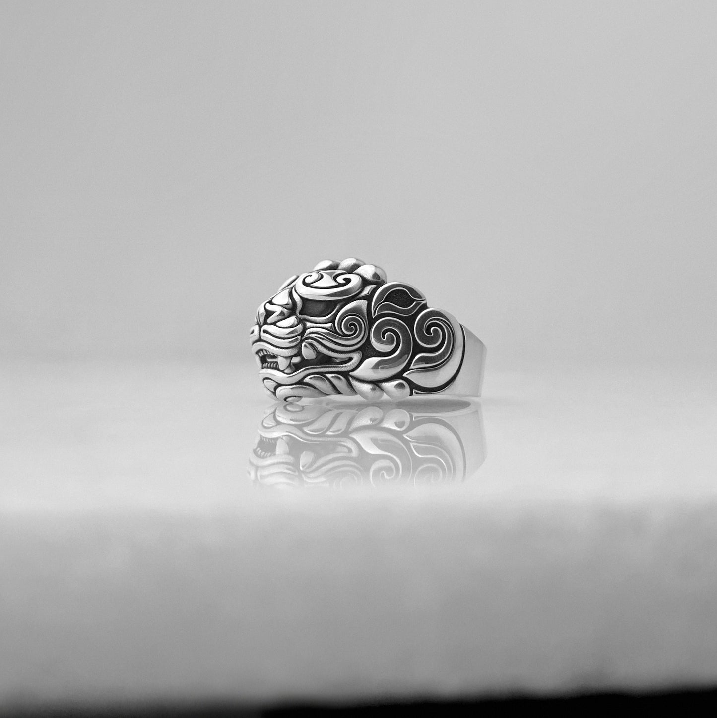 Bespoke silver oni dragon ring