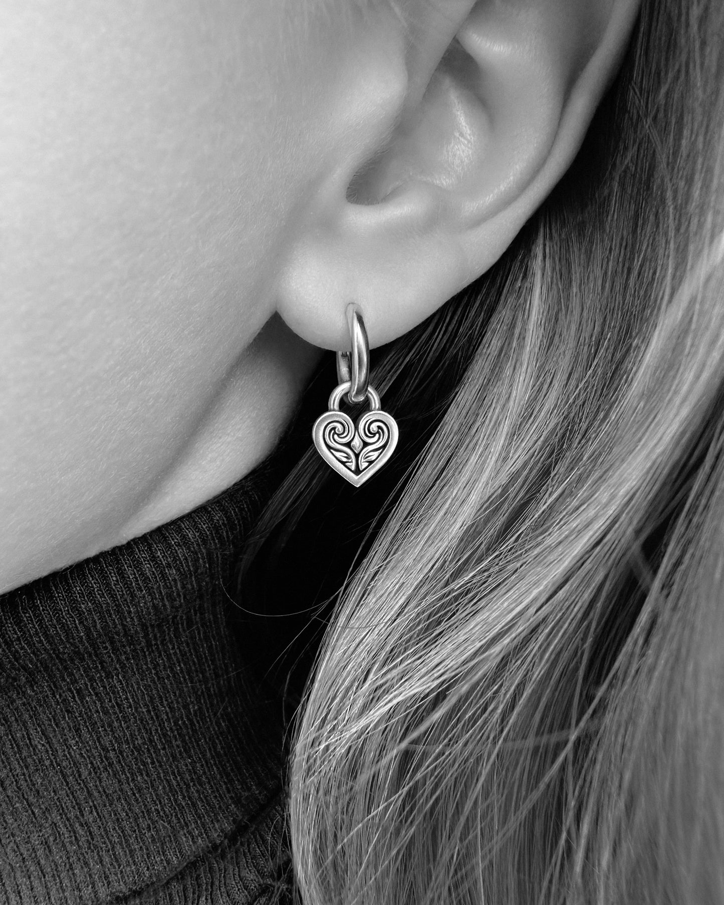 Silver Heart Locket earring on model