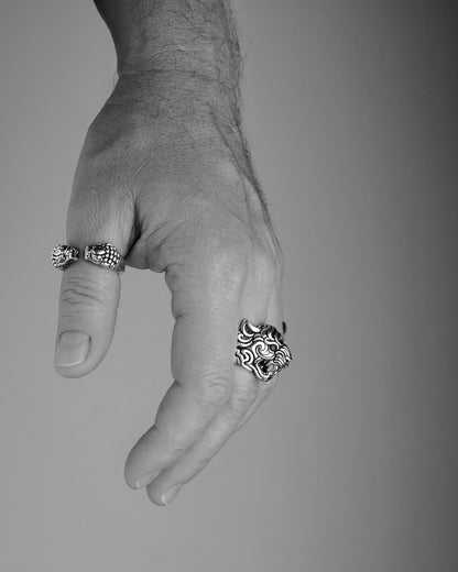 Sculptural silver Tiger and Foo Dog rings