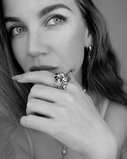 Sterling silver Oni Tiger statement ring on model