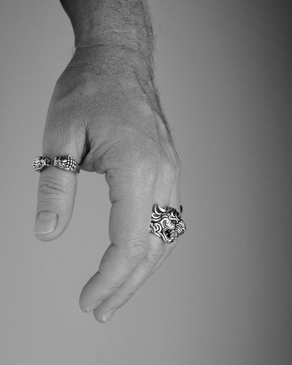Asian mythical creature inspired silver statement rings