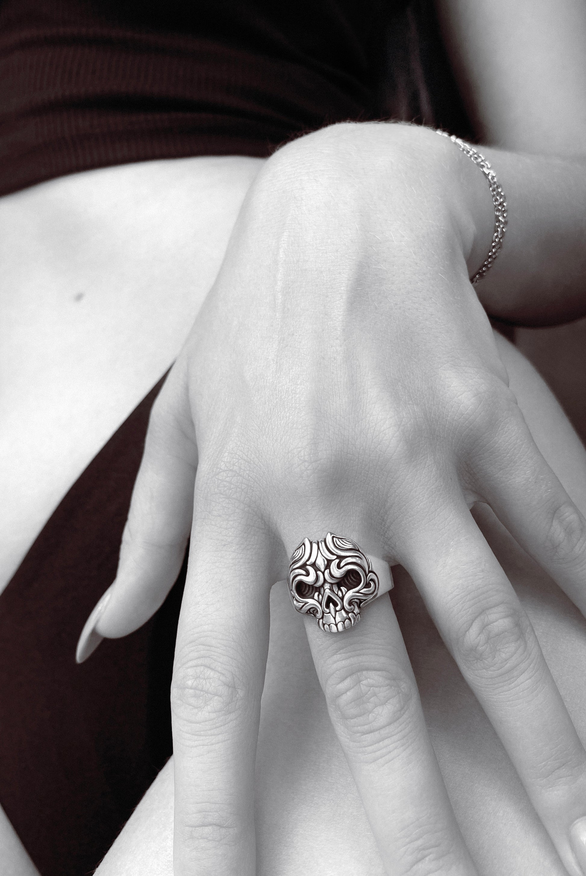 Stylized gothic sterling silver Skull ring on model