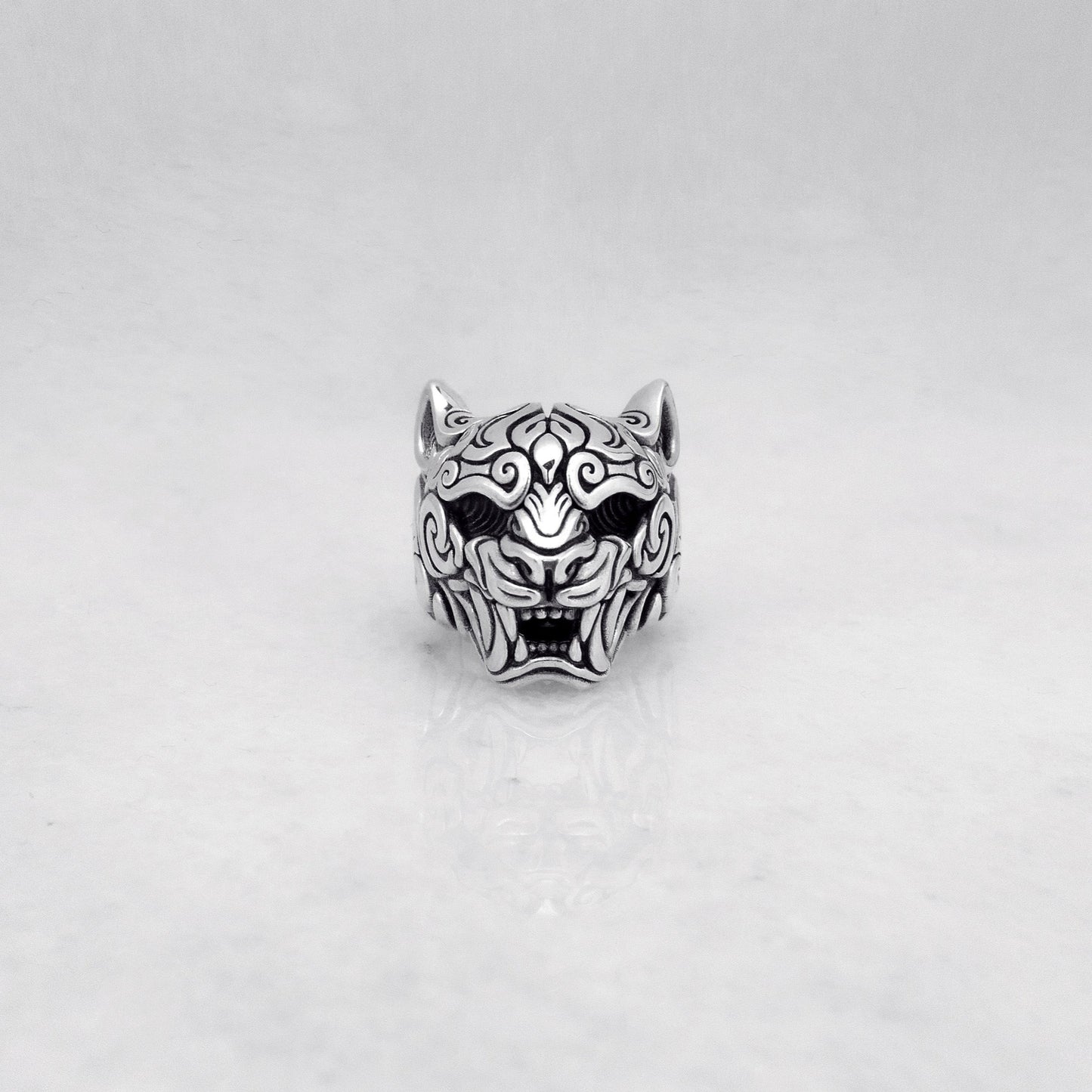 Silver Japanese Oni Demon Mask statement ring