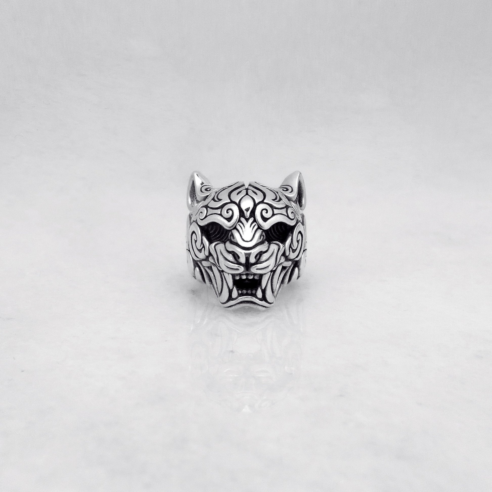Silver Japanese Oni Demon Mask statement ring