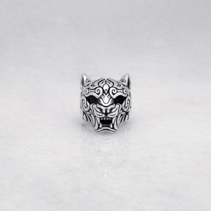 Silver Japanese Oni Demon Mask statement ring