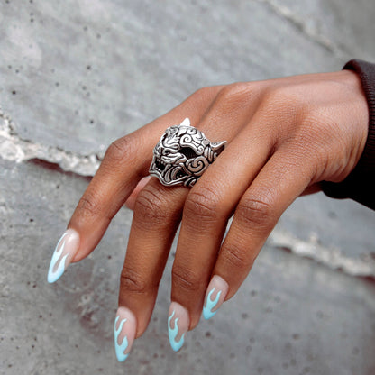 Edgy Sterling silver Oni Jaguar Mask ring
