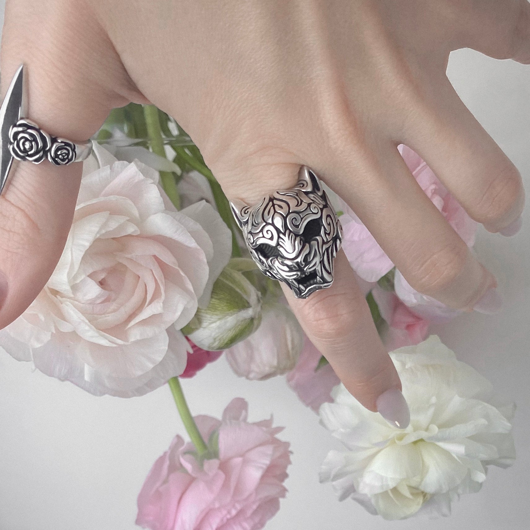 Sterling silver Jaguar Oni Mask knuckle ring